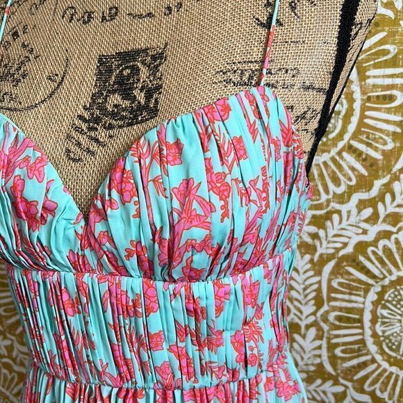 NWT AMUR Beckett Midi Pleated Dress in Miami Sky Botanical Rainforest size 0 - Picture 7 of 12